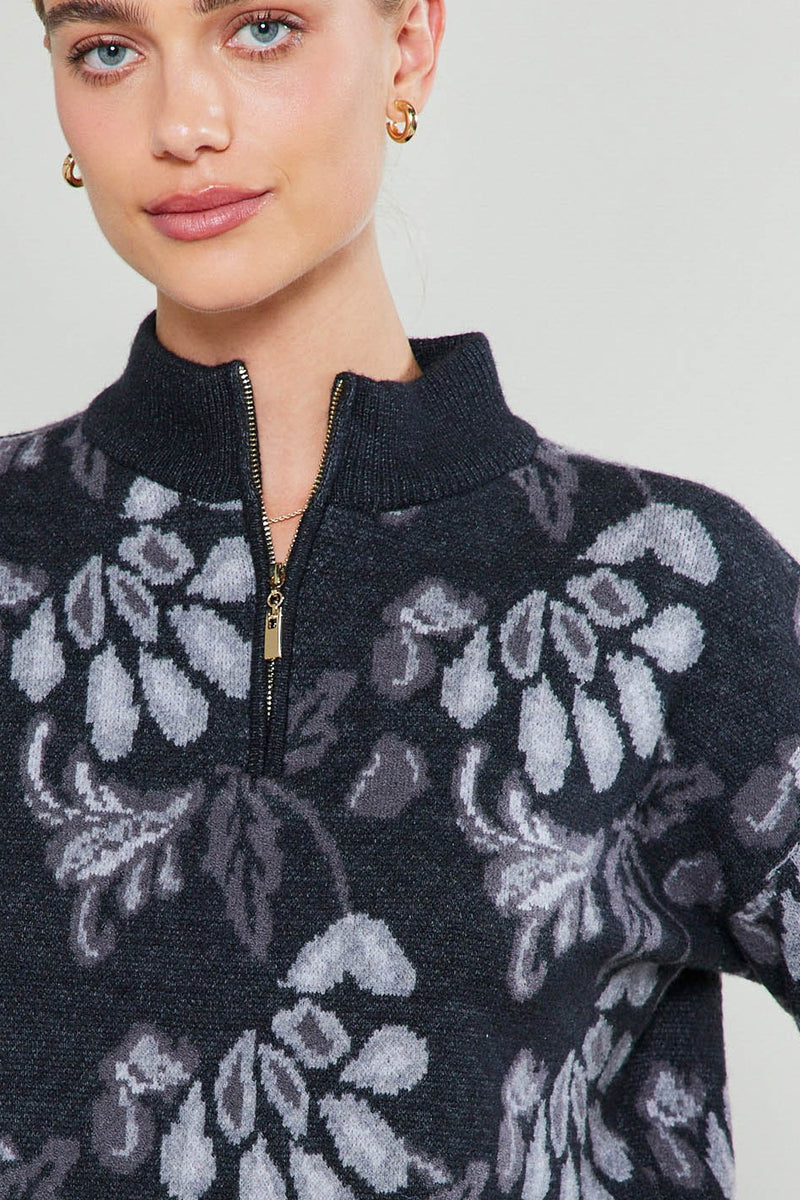 3/4 Zip Floral Sweater Black Multi