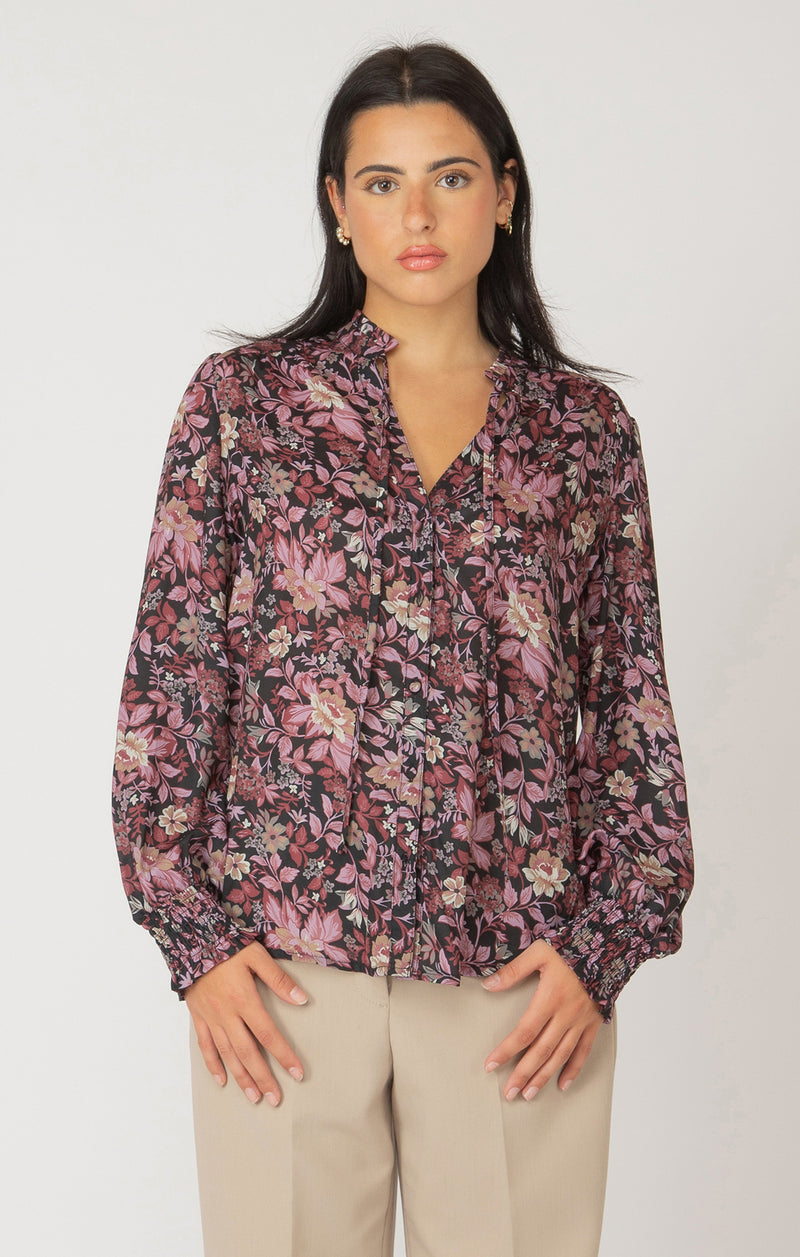 Printed Ruffle Detail Tie Front Blouse Black, Pink + Gold