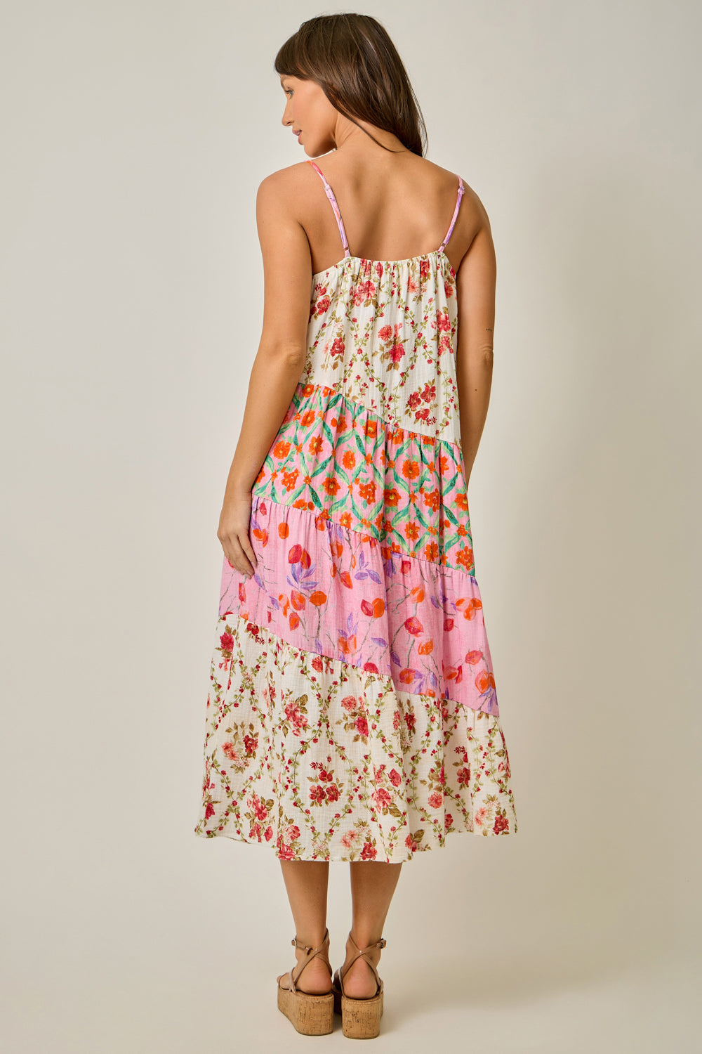 Mixed Print Panels Long Dress Ivory + Rose
