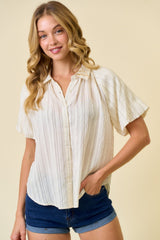Shadow Stripe Button Down Bubble Sleeve Top Milk Butter