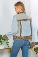 Lace Details Patchworked Denim Jacket Aqua