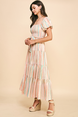 Stripe Tiered Tie Belt Maxi Dress Coral