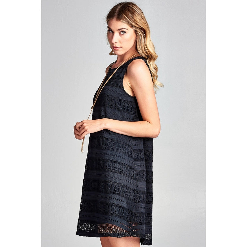 Diamond Pattern Lace Sleeveless Dress Black