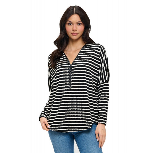Dolman Zipper Top Black Ivory Textured Stripe