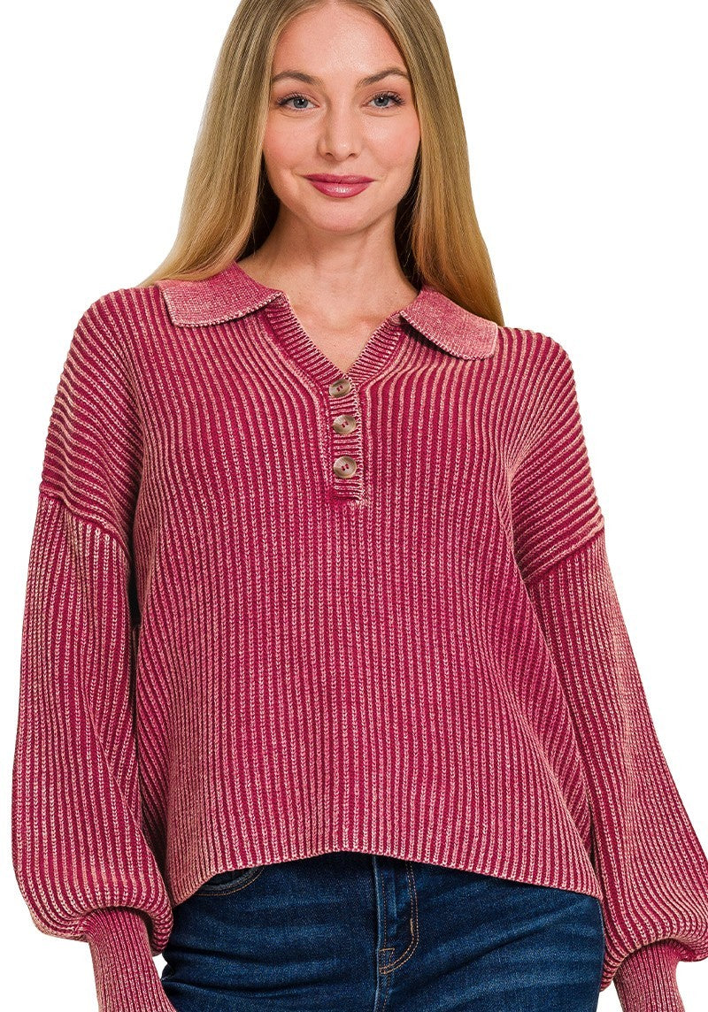 Washed Collared Henley Collared Sweater Cabernet