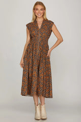 Vintage Poppy Floral Smocked Waist Zip Midi Dress Mocha + Caramel