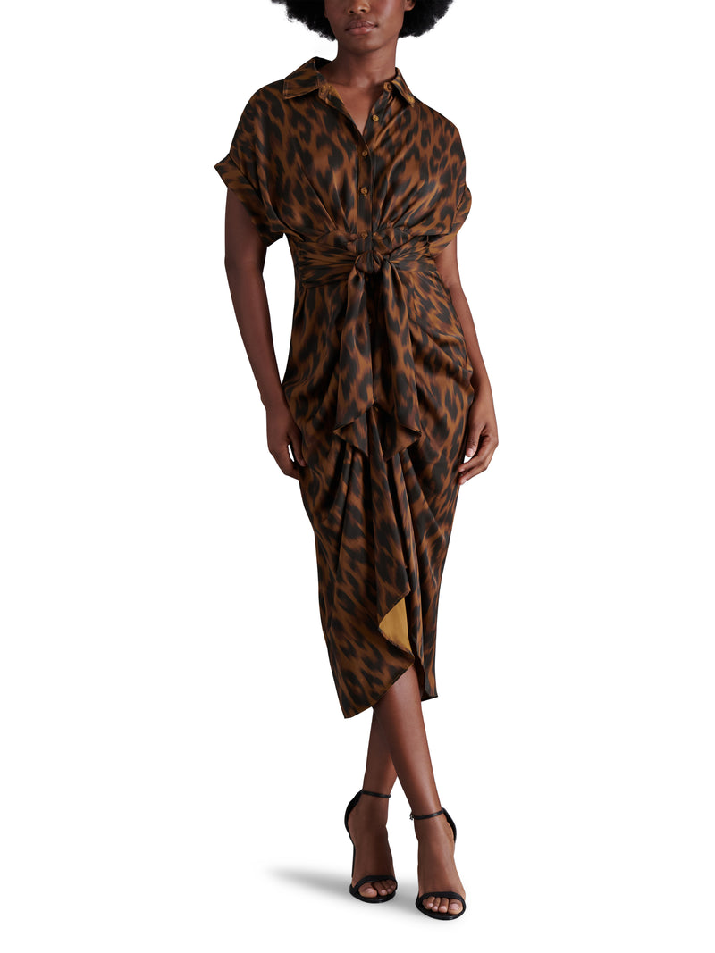 Tori Tie Front Satin Leopard Dress Toffee