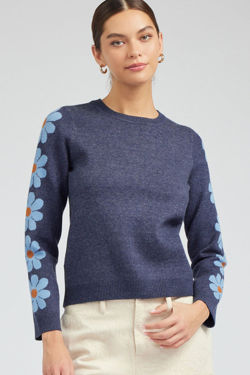 Flower Sleeve Crew Neck Sweater Navy