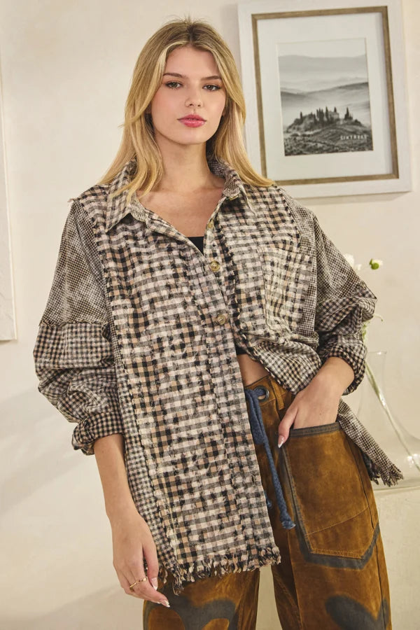 Washed Plaid Mixed Button Down Frayed Hem Shirt Black