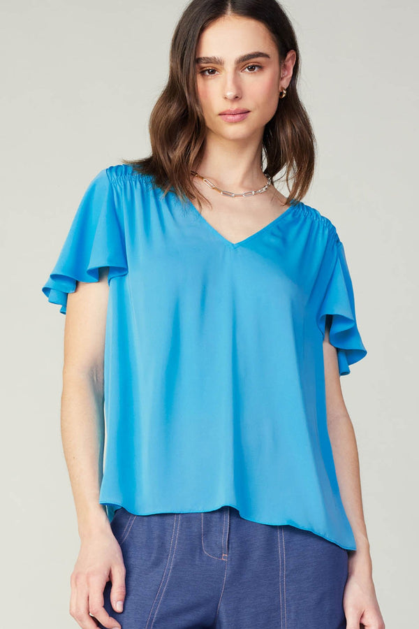 Vneck Flutter Sleeve Top Neon Blue