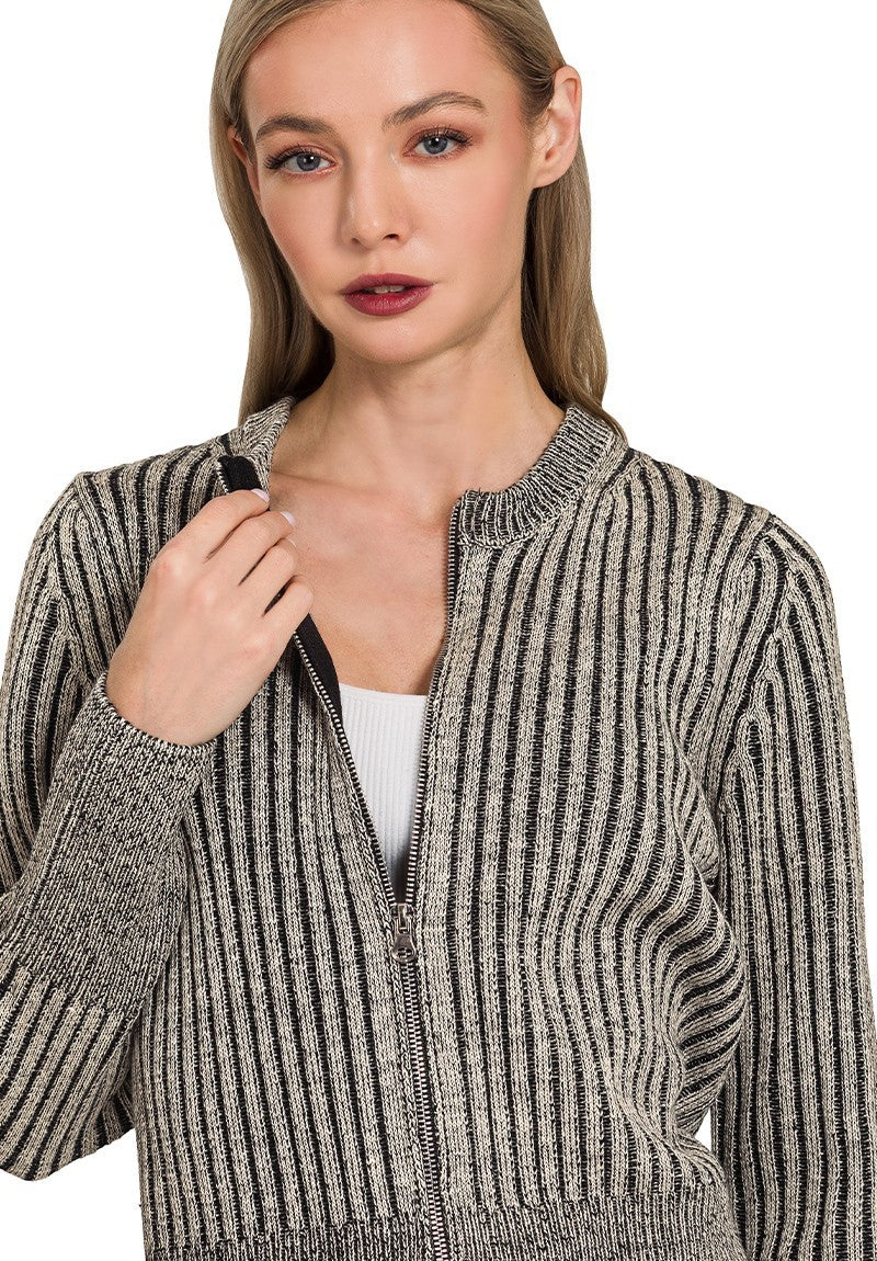 Two Tone Zip Up Sweater Black