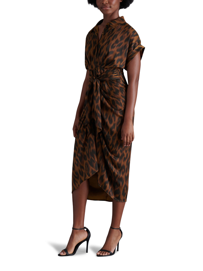 Tori Tie Front Satin Leopard Dress Toffee