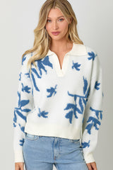 Textured Leaf Print Collared Sweater Ivory + Blue