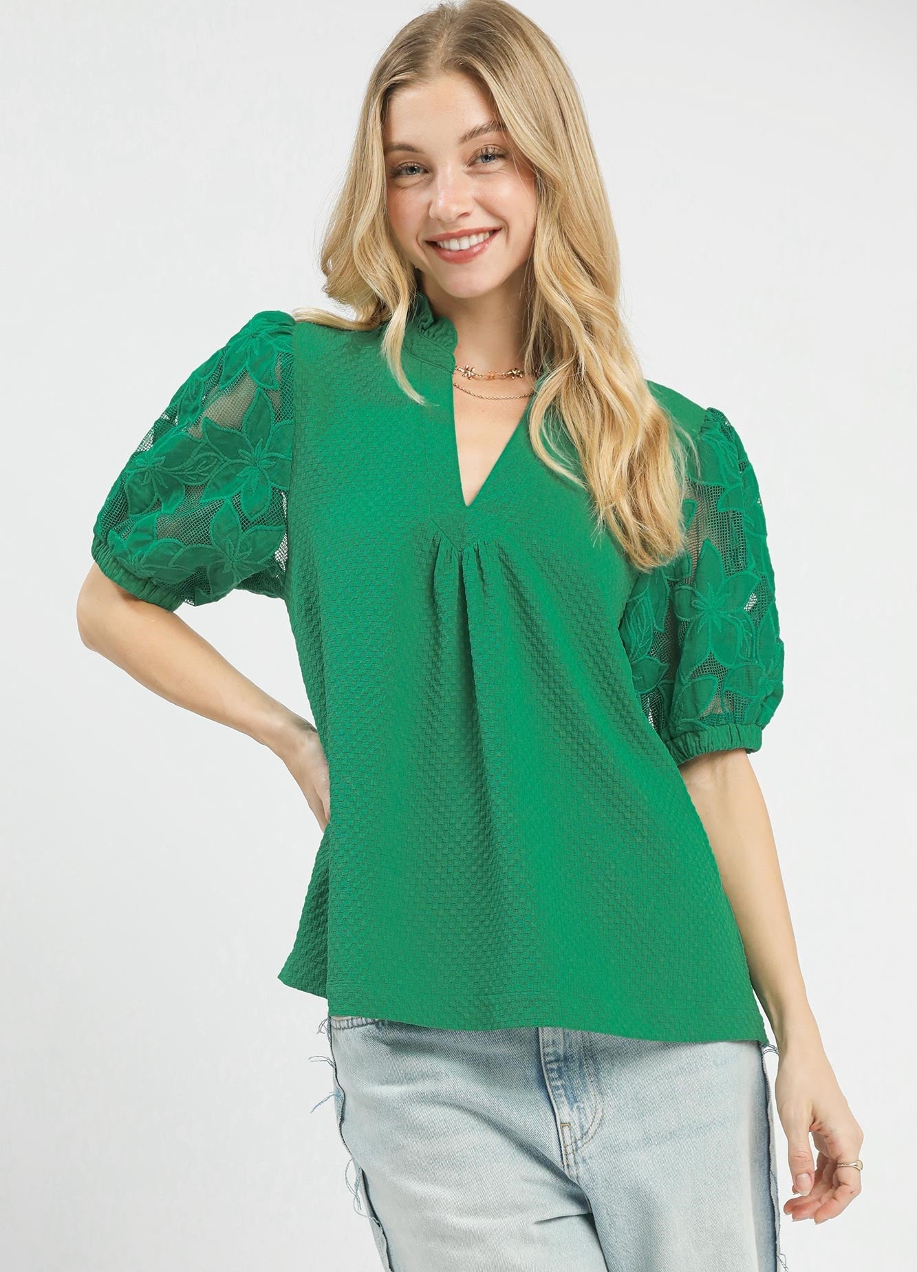 Textured Ruffle Neck Lace Puff Sleeve Kelly Green