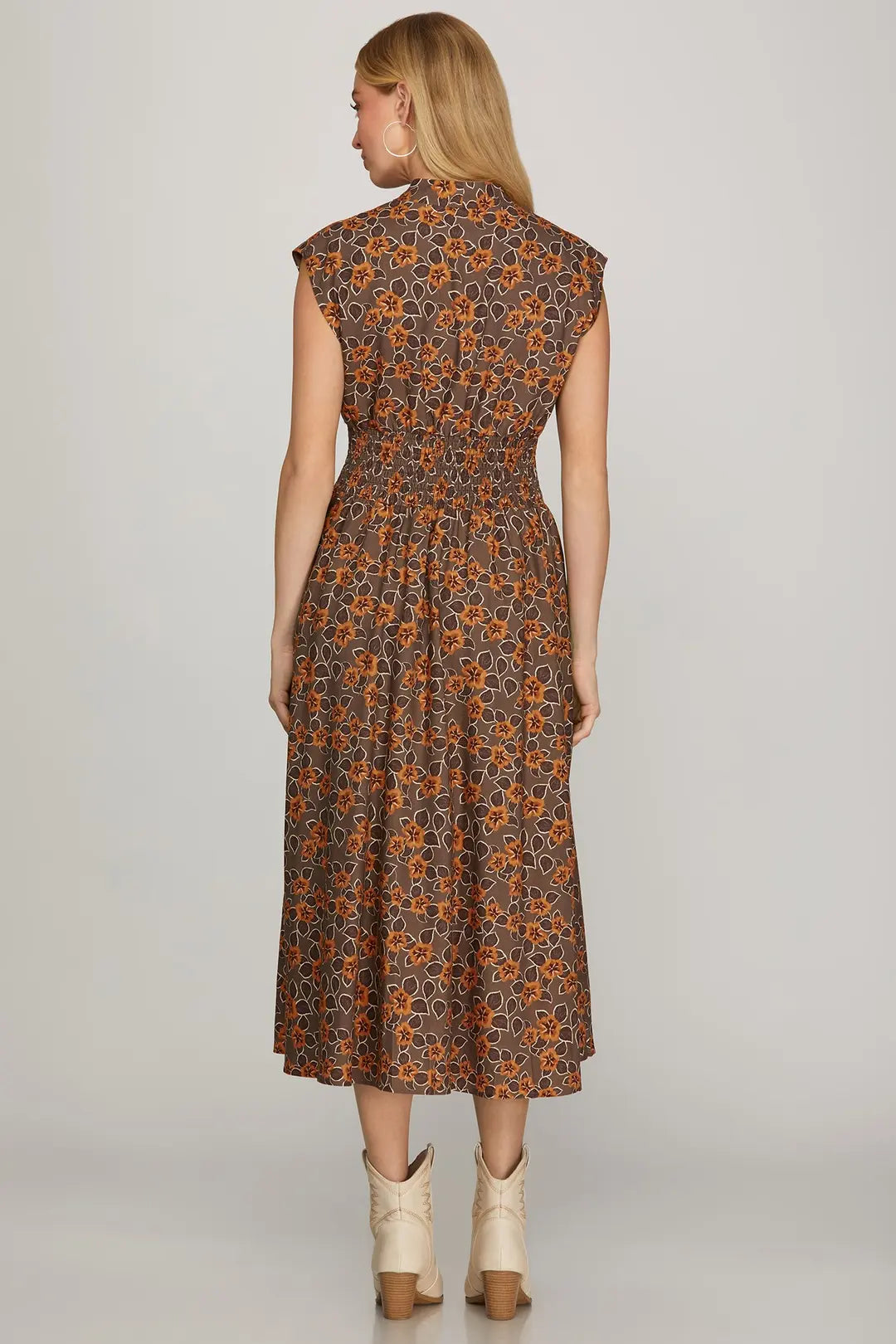 Vintage Poppy Floral Smocked Waist Zip Midi Dress Mocha + Caramel