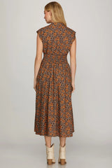 Vintage Poppy Floral Smocked Waist Zip Midi Dress Mocha + Caramel