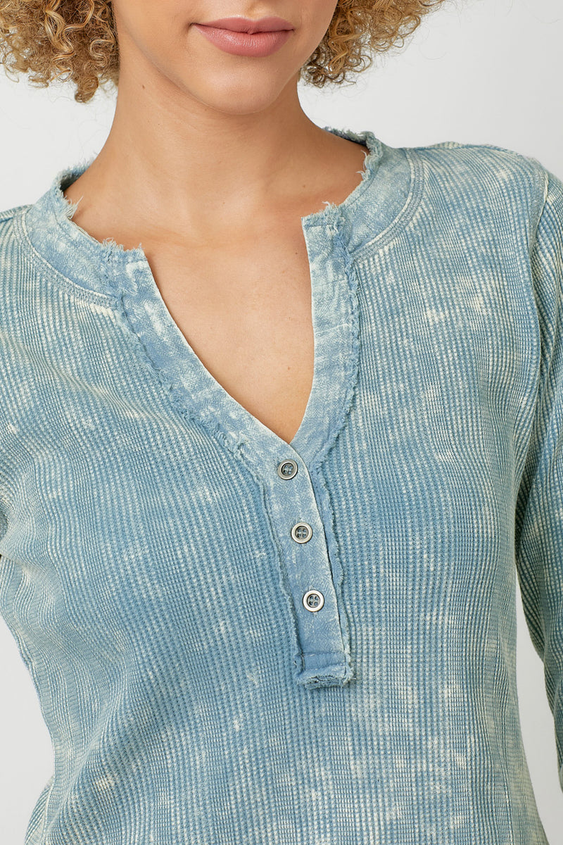 Washed Thermal Henley Top Washed Blue