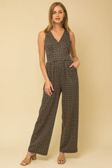 Diamond Geo Print Sleeveless Jumpsuit Black + Brown