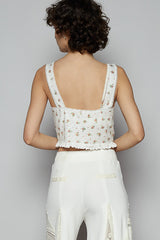 Vneck Cropped Lace Detail Knit Tank Ivory Floral