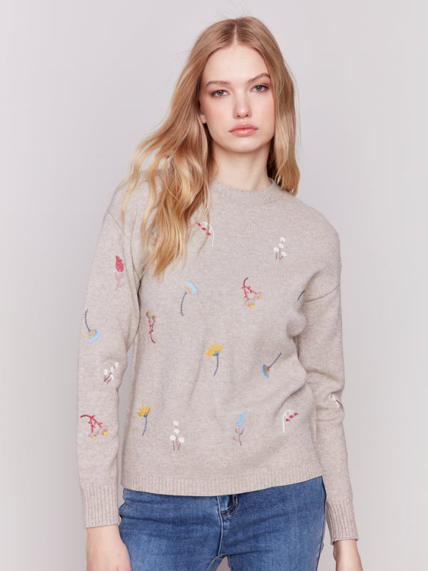 Embroidered Stemmed Floral Sweater Heather Almond