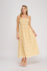 Embroidered Floral Gingham Smocked Maxi Dress Yellow