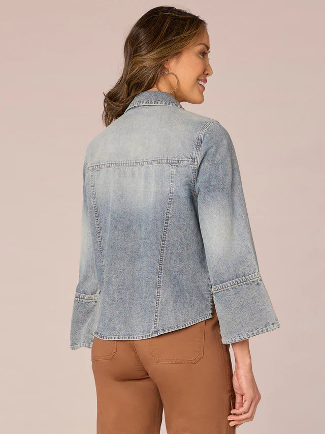 3/4 French Cuff Flap Pocket Denim Button Down Jacket Light Blue