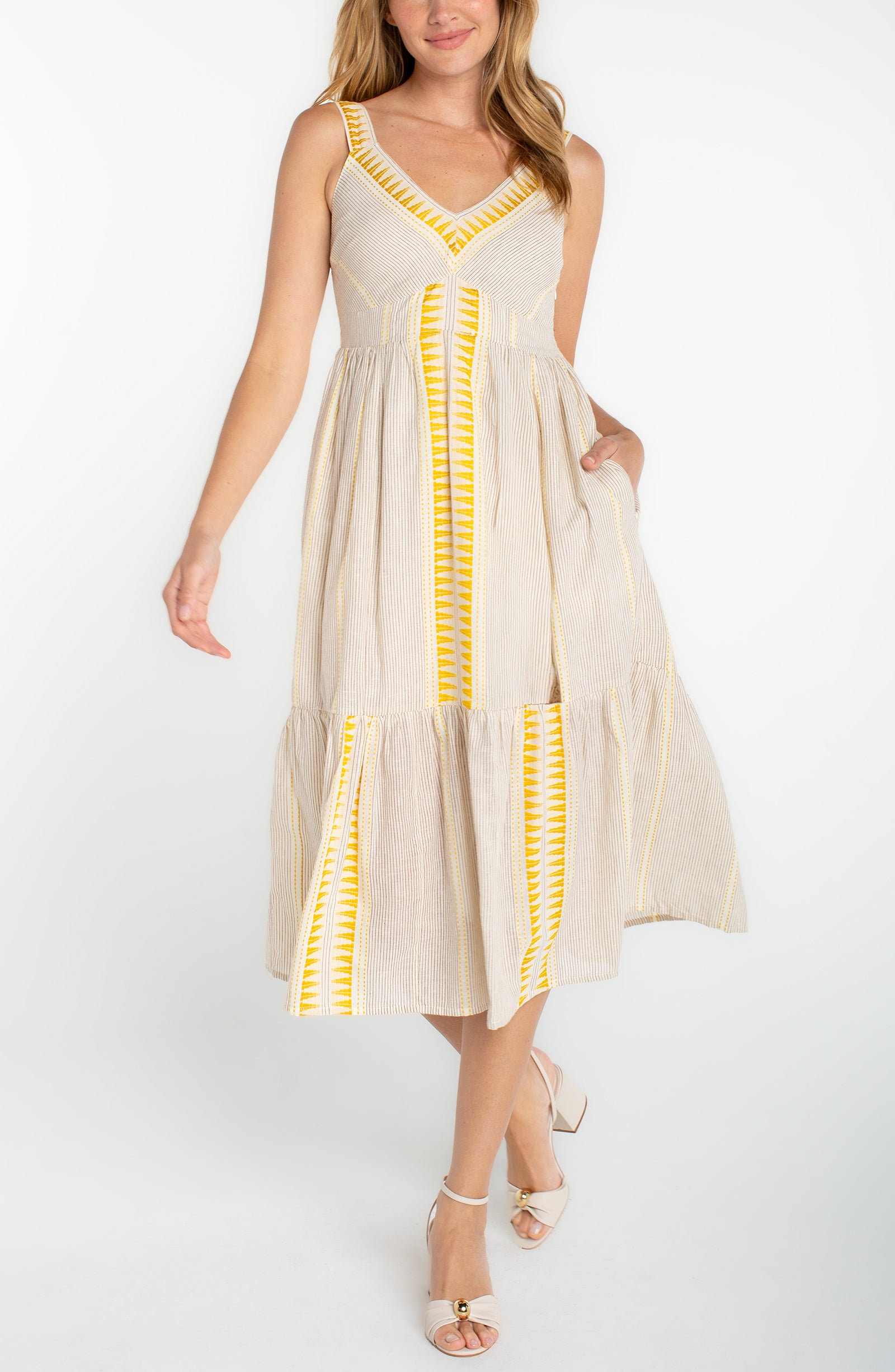 Aztec Embroidered Sleeveless Midi Dress Cream + Brown Stripe