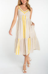Aztec Embroidered Sleeveless Midi Dress Cream + Brown Stripe