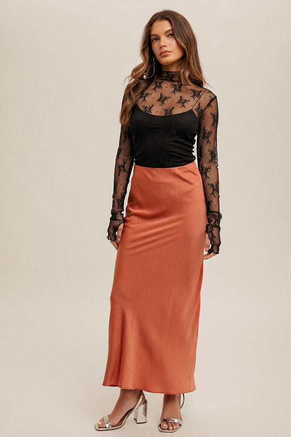 Mock Neck Lace Thumb Hole Sleeve Top Black