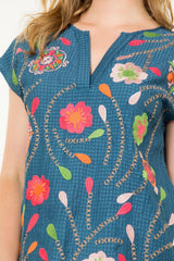 Flower Emb. Textured Notch Neck Top Blue