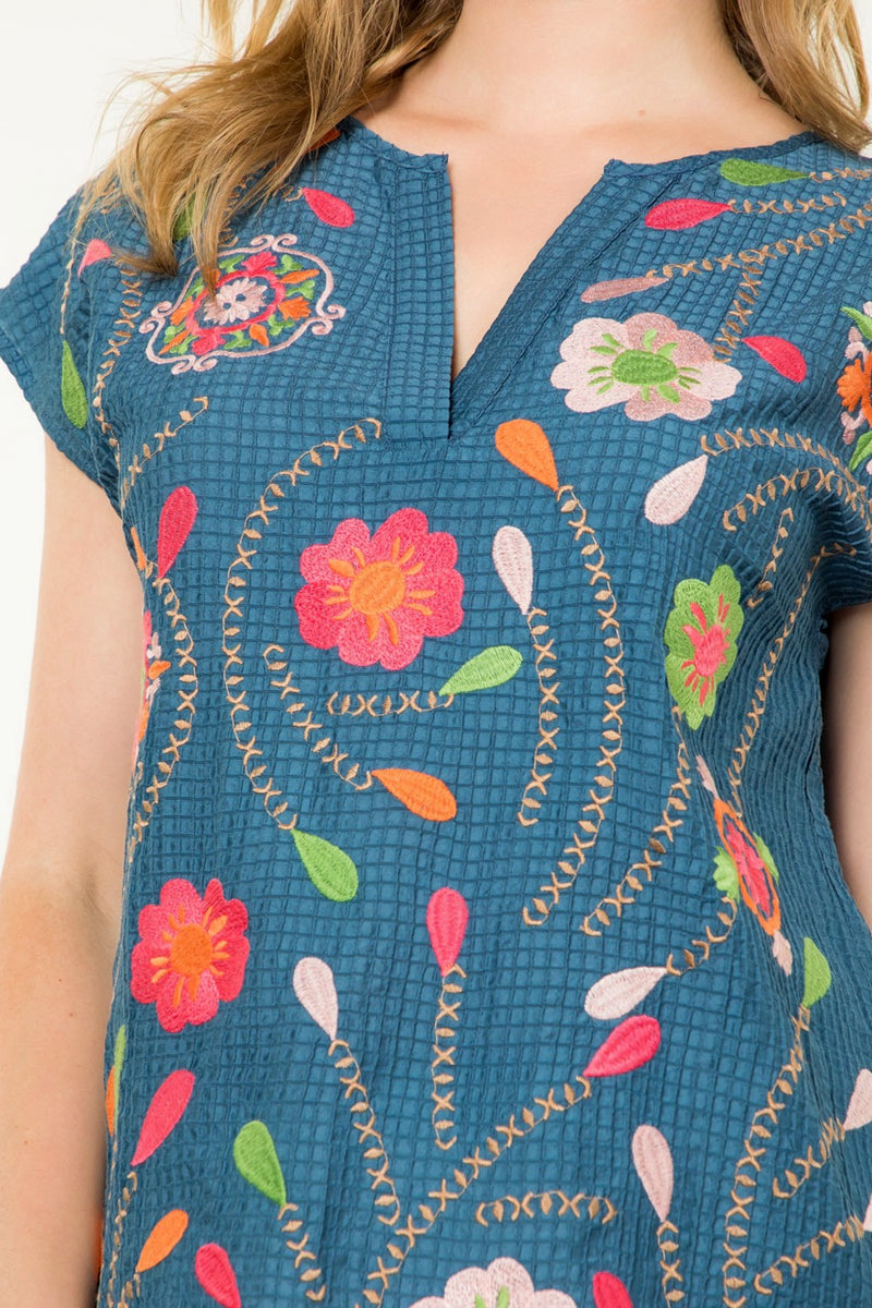 Flower Emb. Textured Notch Neck Top Blue