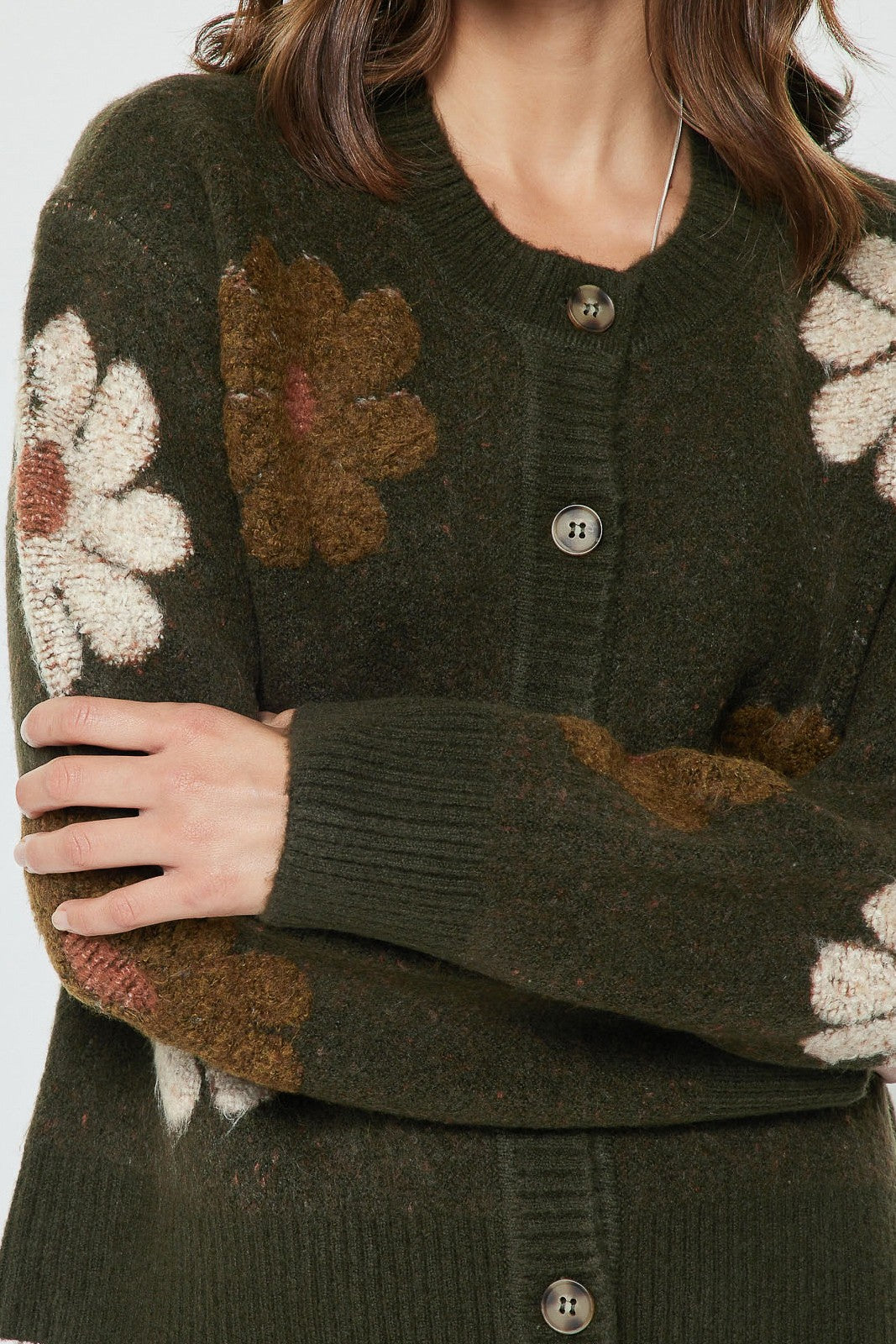 Textured Daisy Floral Buttoned Cardigan Khaki