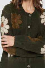 Textured Daisy Floral Buttoned Cardigan Khaki