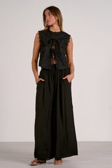Lace Applique Tied Front Vest Top Black