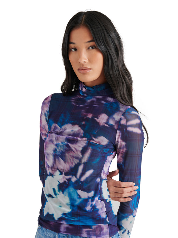 Fiona Printed Mesh Long Sleeve Top Medieval Blue