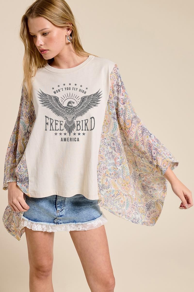 Free Bird America Vintage Kantha Kimono Sleeve Top Bone