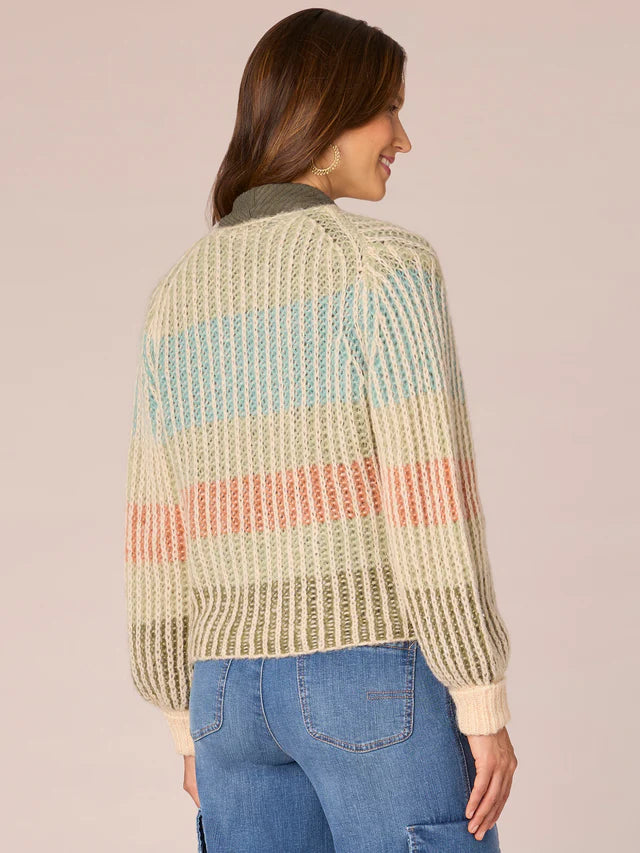Knit Stripe Multicolor Blouson Sleeve Cardi Ivory Multi