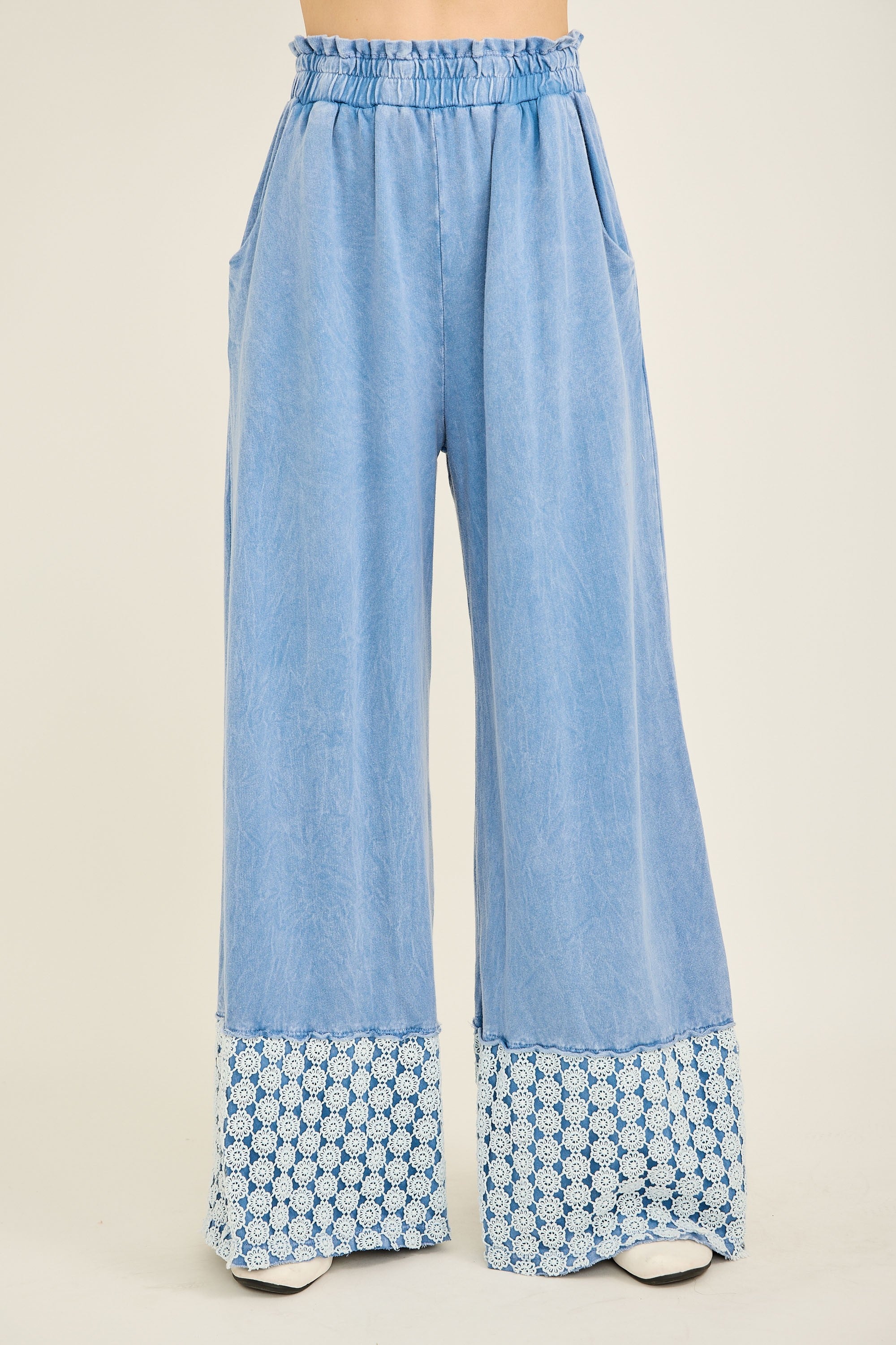 Mineral Washed Flower Daisy Trim Wide Leg Pants Denim Blue