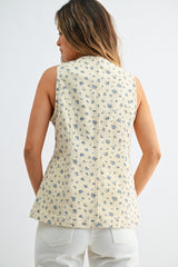 Tailored Denim Vest Flower Print