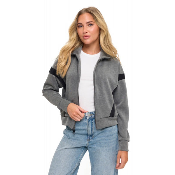 Contrast Panel Stripe Scuba Bomber Jacket Charcoal + Black