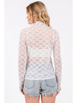 Floral Lace Sheer Mock Neck Long Sleeve Top White