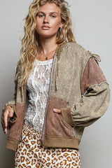 Washed Mixed Panel Tie Details Jacket Dusty Chocolate