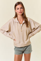 Stripe Textured Half Zip Up Sweatshirt Sand