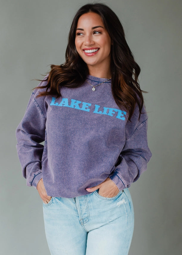 Lake Life Oversized Ribbed Crew Neck Sweatshirt Navy | Blue