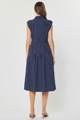 Belted Pinstripe Cap Sleeve Dress Navy