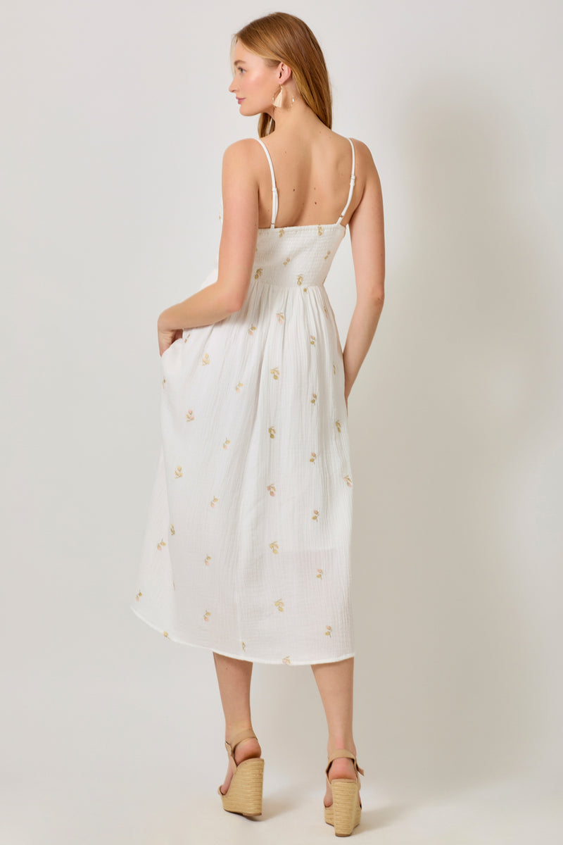 Embroidered Gauze Smocked Dress Off White