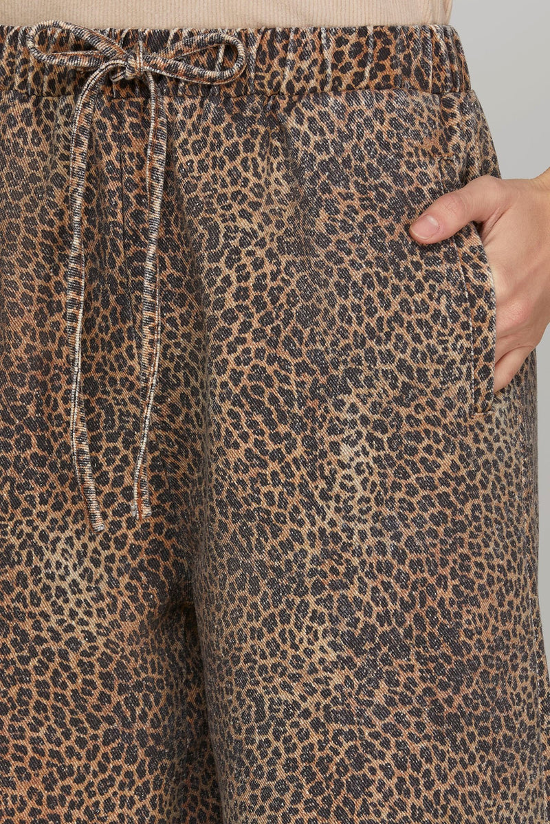 Leopard Print Twill Washed Tie Waist Pants Brown