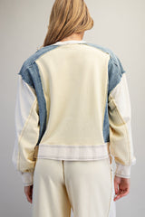 Frayed Colorblock Long Sleeve Pullover Lemon Cream