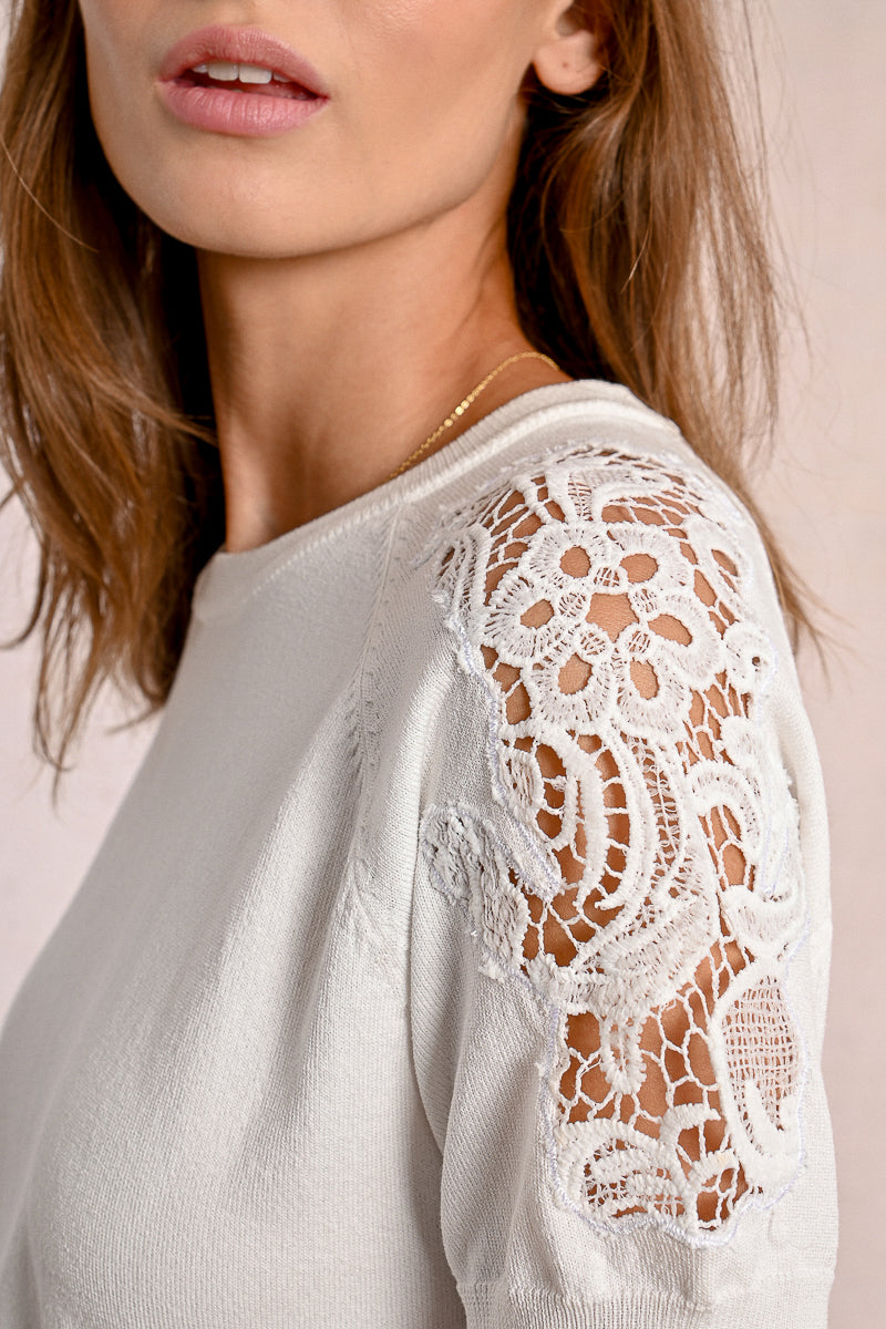 Lace Crochet Short Sleeve Sweater Top Off White