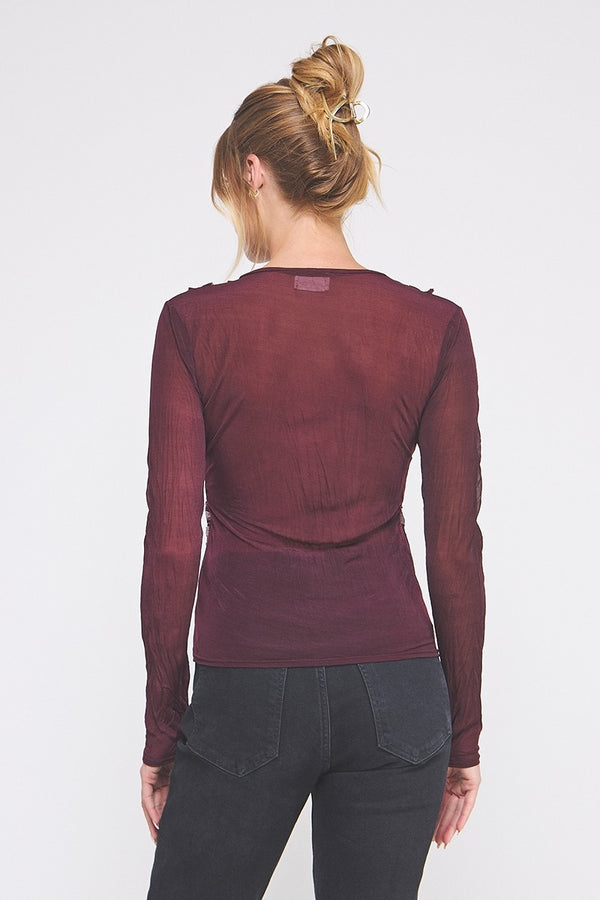 Crinkled Silky Sheer Long Sleeve Plum